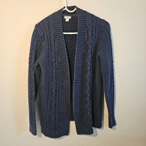 LL Bean Navy Blue Cable Knit Cotton Open Front Cardigan Sweater M Academia Indie